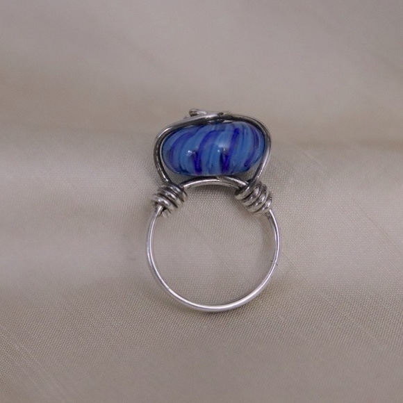 Unique Sterling Silver Swirled Blue Art Glass Ring - Size 6.5 - Picture 8 of 11